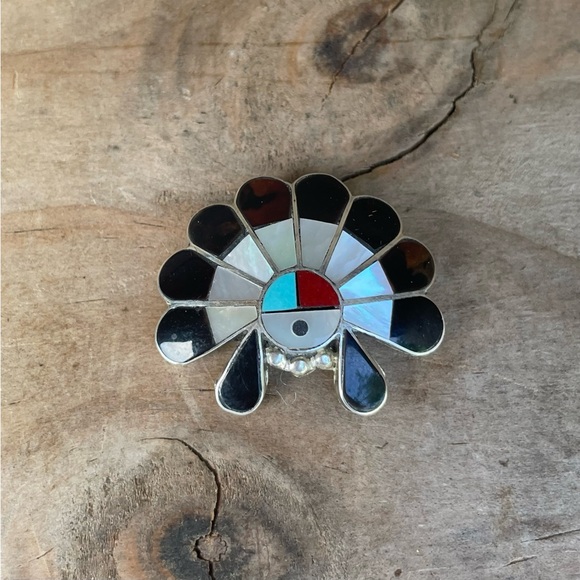 Vintage Signed Zuni Inlay Sun Face Pendant Pin Turquoise Coral Onyx MOP TigerEye - Picture 3 of 12
